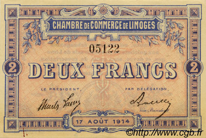 2 Francs FRANCE Regionalismus und verschiedenen Limoges 1914 JP.073.05 SS to VZ