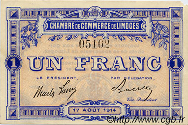 1 Franc FRANCE regionalism and miscellaneous Limoges 1914 JP.073.07 AU+