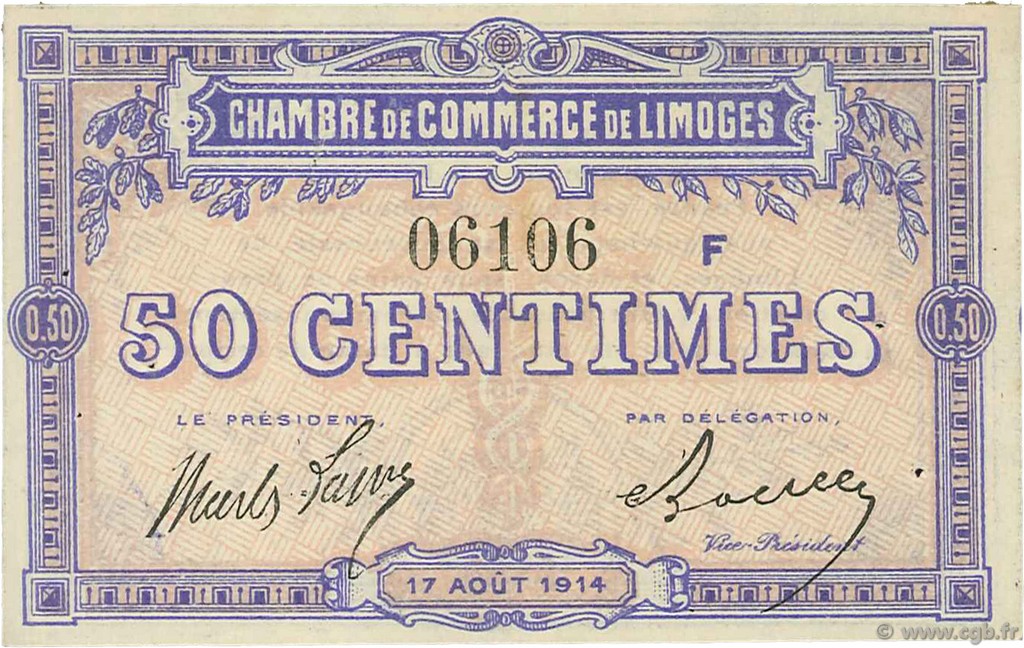 50 Centimes FRANCE Regionalismus und verschiedenen Limoges 1914 JP.073.08 SS to VZ
