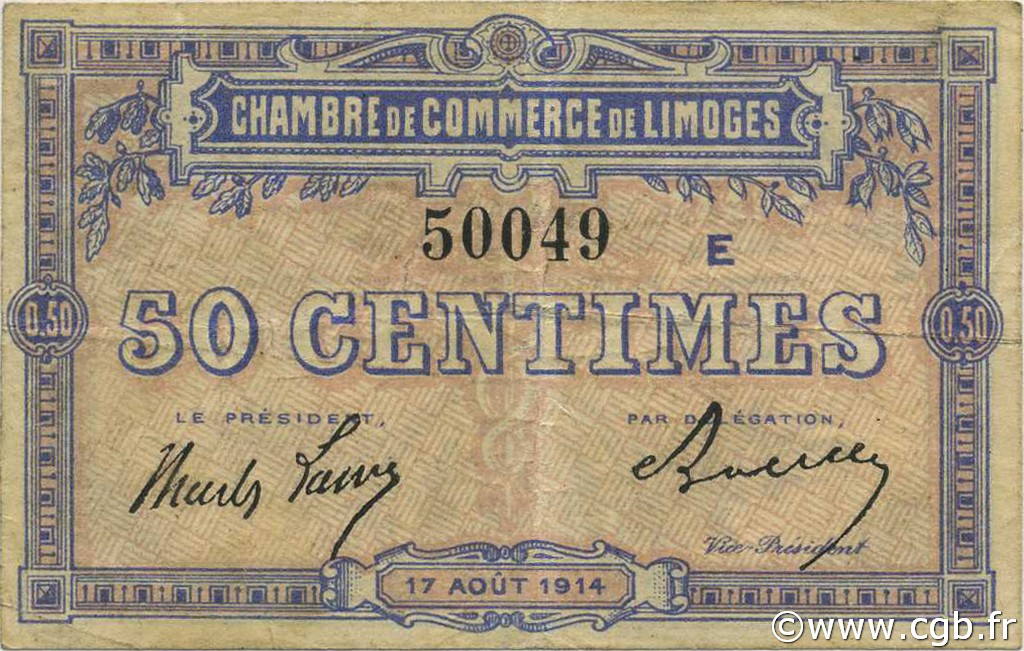 50 Centimes FRANCE regionalismo e varie Limoges 1914 JP.073.08 MB