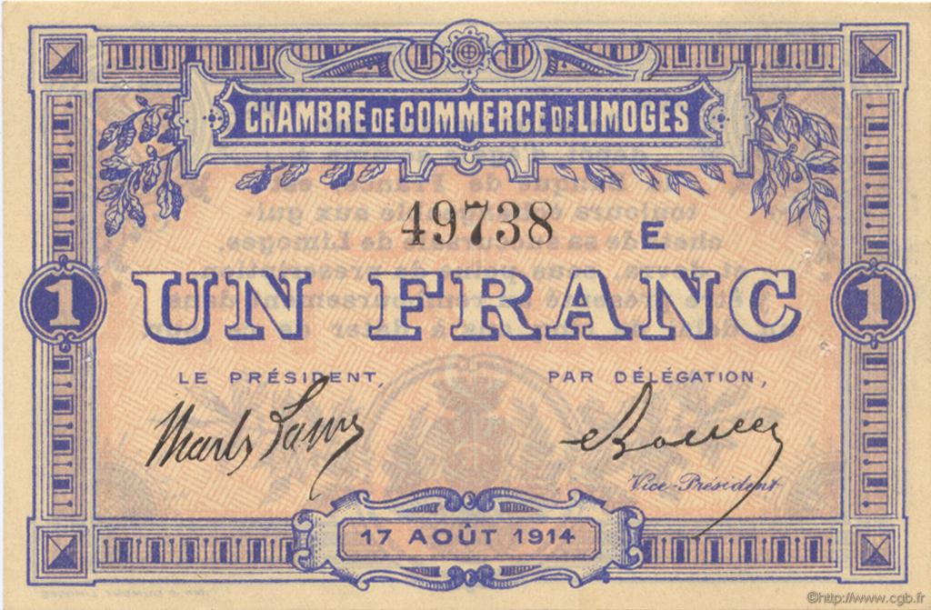 1 Franc FRANCE Regionalismus und verschiedenen Limoges 1914 JP.073.10 SS to VZ