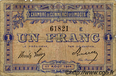 1 Franc FRANCE regionalismo y varios Limoges 1914 JP.073.10 BC