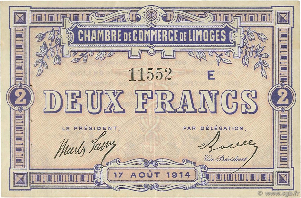 2 Francs FRANCE regionalismo y varios Limoges 1914 JP.073.12 MBC a EBC