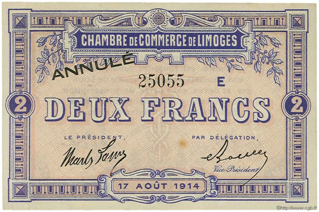 2 Francs Annulé FRANCE Regionalismus und verschiedenen Limoges 1914 JP.073.13 fST to ST