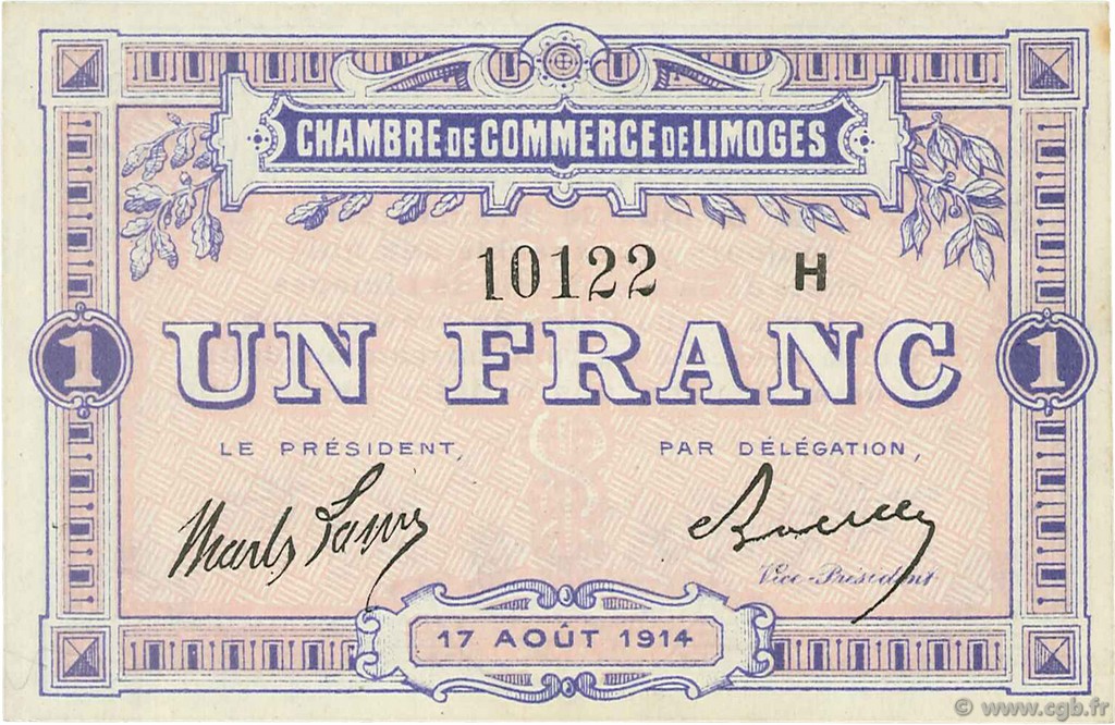 1 Franc FRANCE regionalism and various Limoges 1914 JP.073.15 AU+
