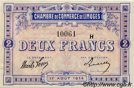2 Francs FRANCE Regionalismus und verschiedenen Limoges 1914 JP.073.16 S