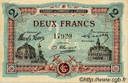2 Francs FRANCE regionalismo e varie Limoges 1918 JP.073.25 BB to SPL