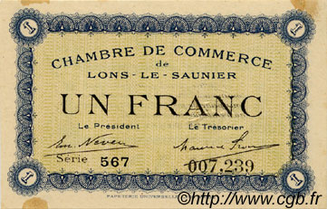 1 Franc FRANCE Regionalismus und verschiedenen Lons-Le-Saunier 1918 JP.074.05 SS to VZ