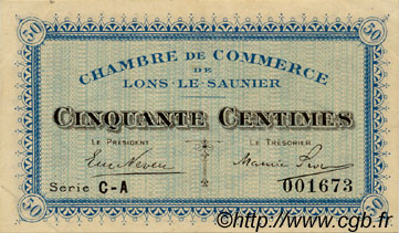 50 Centimes FRANCE regionalismo e varie Lons-Le-Saunier 1918 JP.074.17 BB to SPL