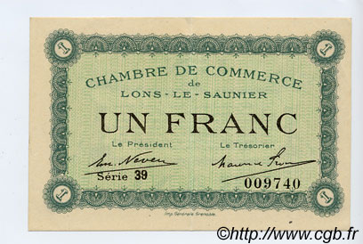 1 Franc FRANCE regionalism and various Lons-Le-Saunier 1918 JP.074.18 VF - XF
