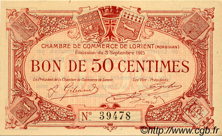 50 Centimes FRANCE regionalismo e varie Lorient 1915 JP.075.01 AU a FDC