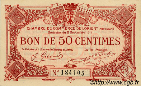 50 Centimes FRANCE regionalismo y varios Lorient 1915 JP.075.01 MBC a EBC
