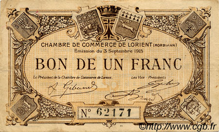 1 Franc FRANCE regionalismo y varios Lorient 1915 JP.075.02 BC