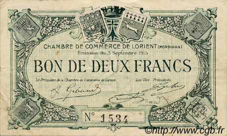 2 Francs FRANCE regionalismo e varie Lorient 1915 JP.075.03 BB to SPL