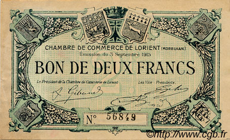 2 Francs FRANCE régionalisme et divers Lorient 1915 JP.075.03 TB