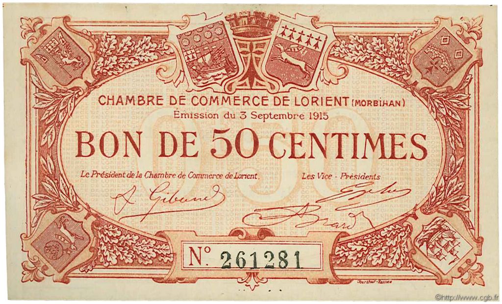 50 Centimes Spécimen FRANCE Regionalismus und verschiedenen Lorient 1915 JP.075.05 fST to ST