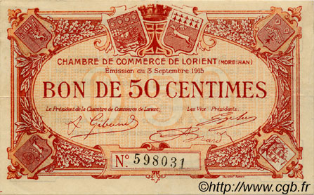 50 Centimes FRANCE regionalismo y varios Lorient 1915 JP.075.14 MBC a EBC