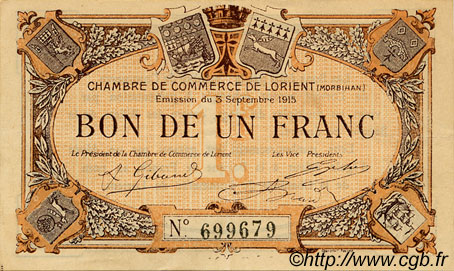 1 Franc FRANCE Regionalismus und verschiedenen Lorient 1915 JP.075.15 SS to VZ