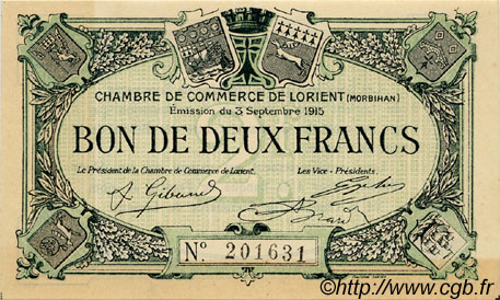 2 Francs FRANCE regionalism and miscellaneous Lorient 1915 JP.075.16 AU+
