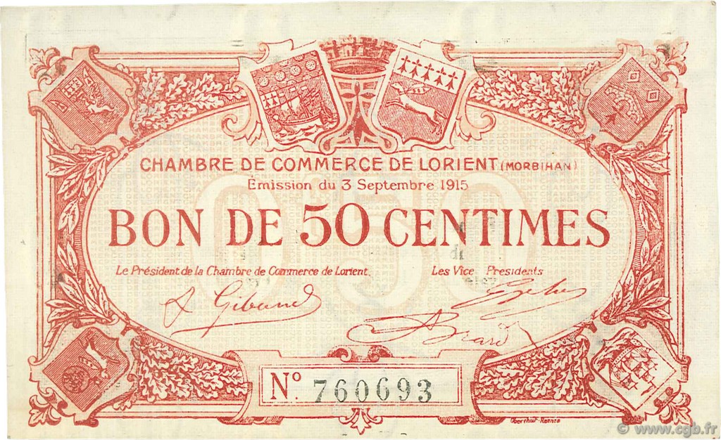 50 Centimes FRANCE regionalismo y varios Lorient 1915 JP.075.17 SC a FDC