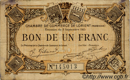1 Franc FRANCE regionalism and various Lorient 1915 JP.075.18 F
