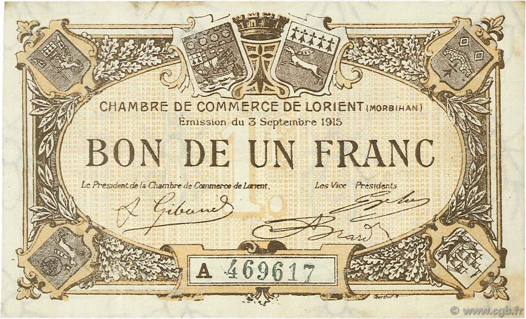 1 Franc FRANCE Regionalismus und verschiedenen Lorient 1915 JP.075.21 S