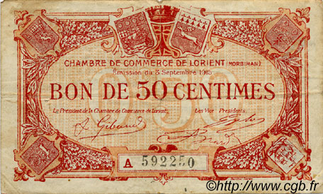 50 Centimes FRANCE regionalismo y varios Lorient 1915 JP.075.23 BC