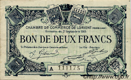 2 Francs FRANCE Regionalismus und verschiedenen Lorient 1915 JP.075.25 SS to VZ