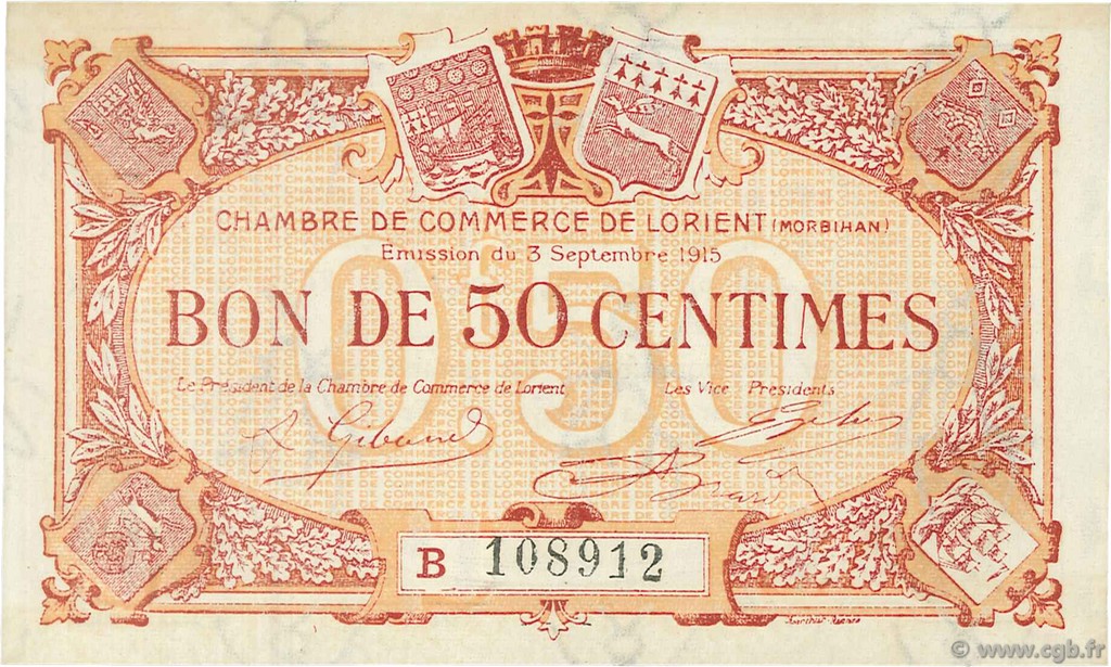 50 Centimes FRANCE regionalismo e varie Lorient 1915 JP.075.26 AU a FDC