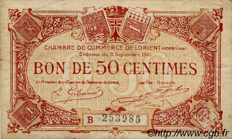 50 Centimes FRANCE régionalisme et divers Lorient 1915 JP.075.26 TB