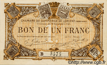 1 Franc FRANCE regionalism and miscellaneous Lorient 1915 JP.075.27 AU+