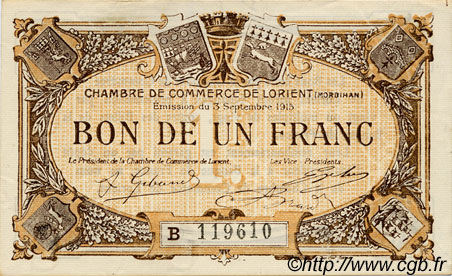 1 Franc FRANCE Regionalismus und verschiedenen Lorient 1915 JP.075.27 SS to VZ