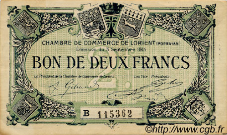 2 Francs FRANCE regionalism and miscellaneous Lorient 1915 JP.075.28 VF - XF