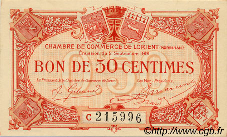 50 Centimes FRANCE regionalismo y varios Lorient 1919 JP.075.29 SC a FDC