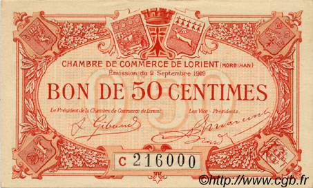50 Centimes FRANCE regionalismo y varios Lorient 1919 JP.075.29 MBC a EBC