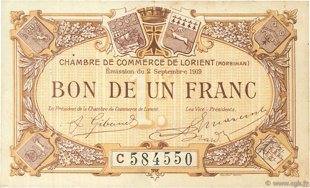 1 Franc FRANCE Regionalismus und verschiedenen Lorient 1919 JP.075.30 SS to VZ