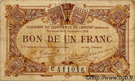 1 Franc FRANCE regionalismo y varios Lorient 1919 JP.075.30 BC