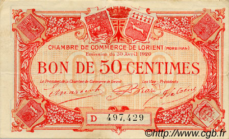 50 Centimes FRANCE Regionalismus und verschiedenen Lorient 1920 JP.075.32 SS to VZ