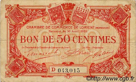 50 Centimes  FRANCE régionalisme et divers Lorient 1920 JP.075.32 TB