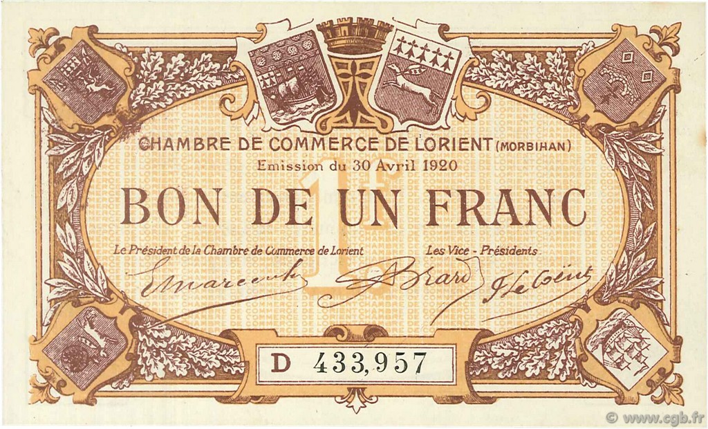 1 Franc FRANCE regionalism and various Lorient 1920 JP.075.33 AU+