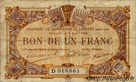 1 Franc FRANCE régionalisme et divers Lorient 1920 JP.075.33 TB