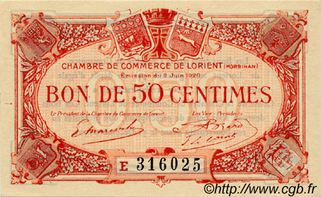 50 Centimes FRANCE regionalism and miscellaneous Lorient 1920 JP.075.35 AU+