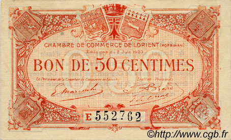 50 Centimes FRANCE regionalism and miscellaneous Lorient 1920 JP.075.35 VF - XF