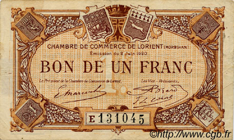 1 Franc FRANCE regionalism and various Lorient 1920 JP.075.36 F