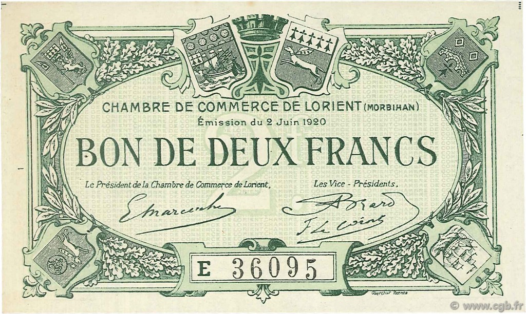 2 Francs FRANCE regionalismo e varie Lorient 1920 JP.075.37 AU a FDC