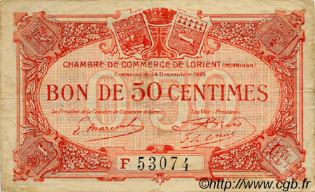 50 Centimes  FRANCE régionalisme et divers Lorient 1921 JP.075.38 TB