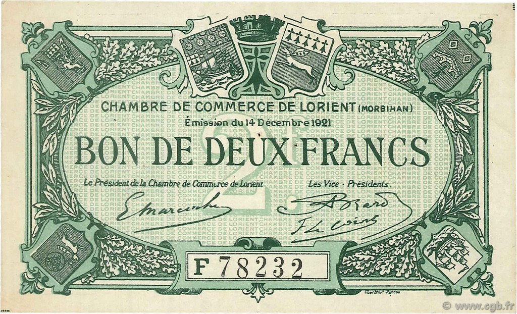 2 Francs FRANCE Regionalismus und verschiedenen Lorient 1921 JP.075.40 SS to VZ
