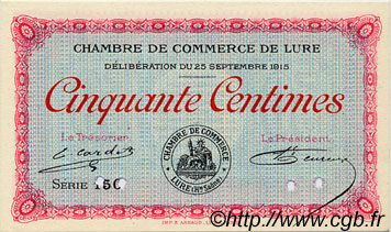 50 Centimes Annulé FRANCE regionalism and miscellaneous Lure 1915 JP.076.05 AU+