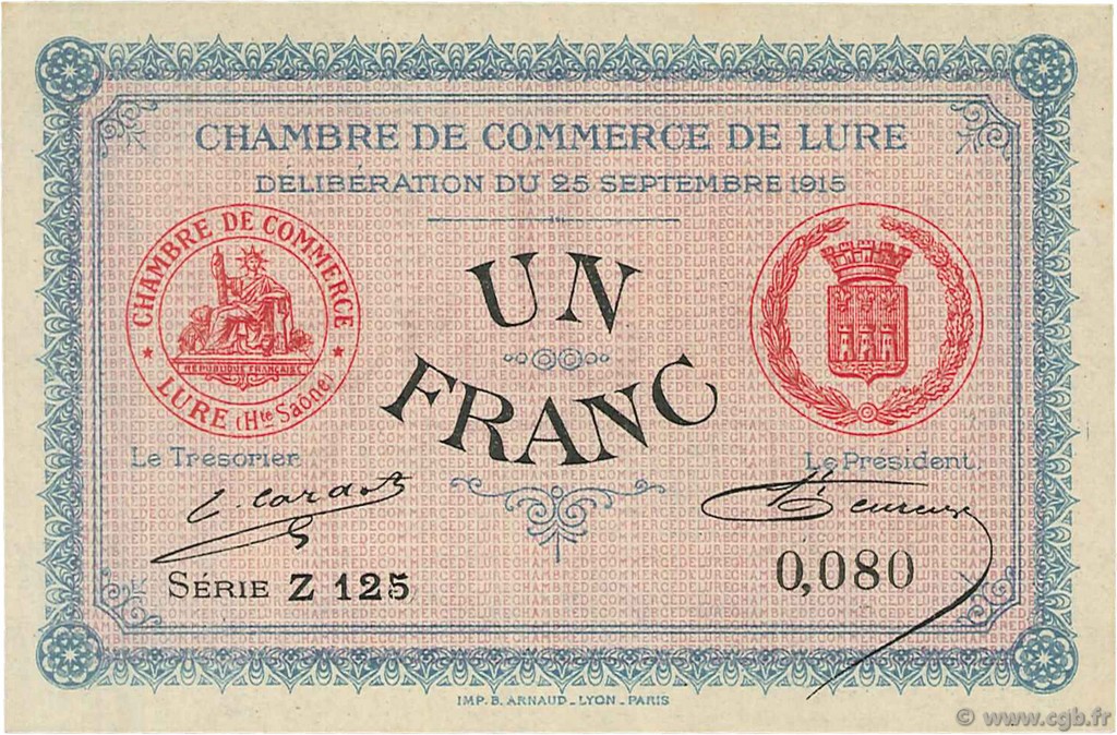 1 Franc FRANCE Regionalismus und verschiedenen Lure 1915 JP.076.06 fST to ST