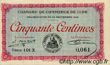 50 Centimes FRANCE regionalismo e varie Lure 1915 JP.076.13 AU a FDC